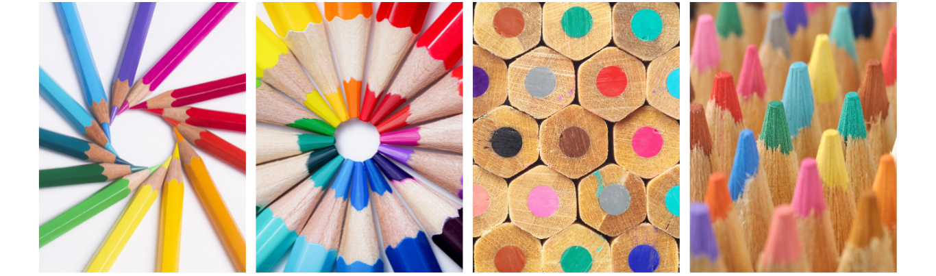 A row of four pictures, each featuring colored pencils in different arrangements.