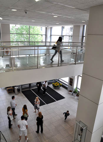 Pictured are students in the lobby of Academic Hall.