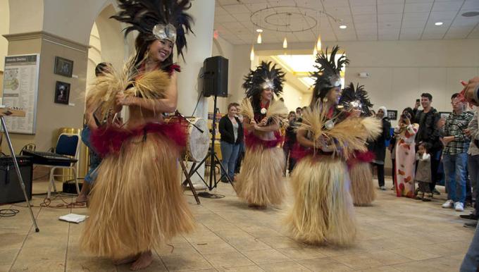 Polynesian dancers perform at Point Park University's Global Festival Celebration March 12, 2013, in Lawrence Hall. | Photo by Kelly Cline