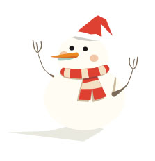 Simple illustration of a snowman wearing a red had, stick arms and red-and-white striped scarf.