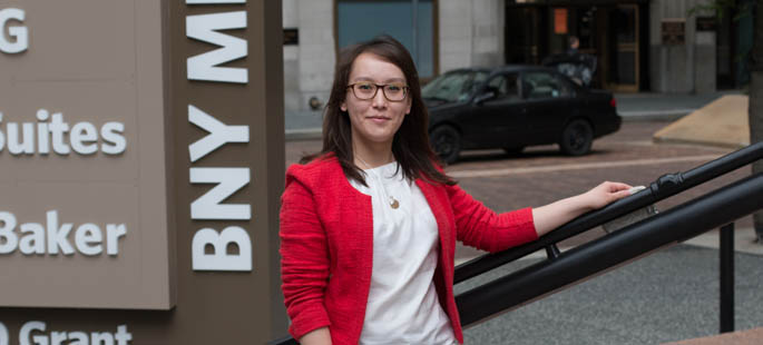 Pictured is Gulsara Shingozhina, an M.B.A. alumna and asset servicing specialist for BNY Mellon. | Photo by Victoria A. Mikula
