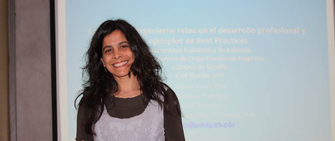 Pictured is Helena Knorr, Ph.D., associate professor of organizational leadership presenting at the University of Valencia in March 2016.
