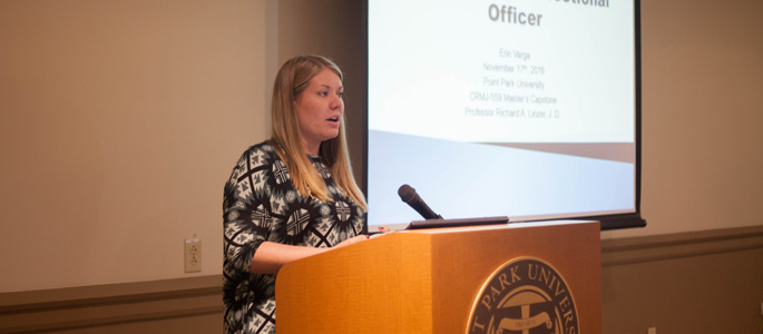 Pictured is criminal justice administration graduate student Shannon Stowers presenting at the Fall 2016 Criminal Justice Administration Graduate Symposium. | Photo by Olivia Ruk