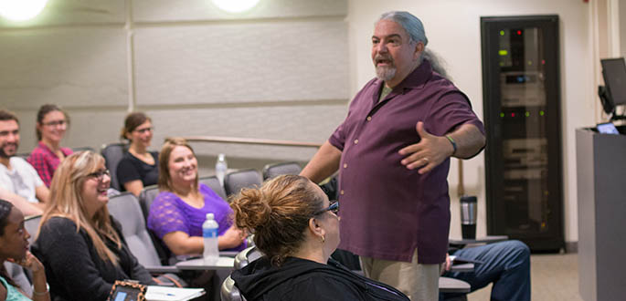 Don Marinelli speaks to Point Park's M.F.A. in screenwriting and playwriting class in the University Center. Photo | Victoria A. Mikula