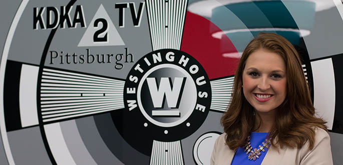 Pictured is School of Communication student Brittany Lauffer at KDKA-TV. Photo | Victoria A. Mikula