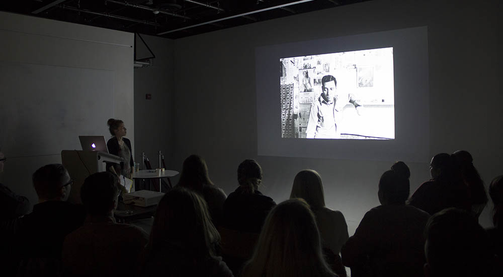 Pictured is Stacy Kranitz during her presentation in the Center for Media Innovation. Photo | Shayna Mendez