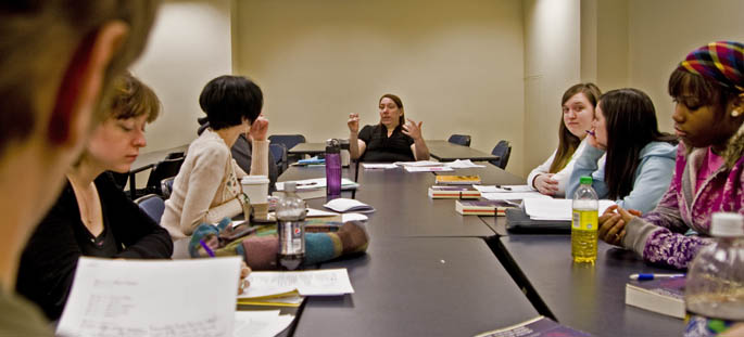 Assistant Professor Sarah Perrier leads a workshop class as part of Point Park's creative writing program. | Photo by Christopher Rolinson