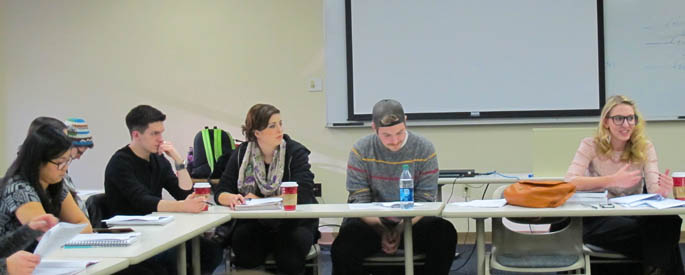 Pictured is author and poet Karyna McGlynn leading a master class at Point Park. | Photo by Amanda Dabbs