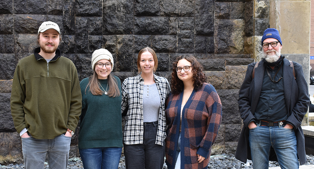 Pictured from left to right are Department of Psychology students Samuel Merhaut, Arin Shatto, Hallie Abbott, Nanina Grund and Robert McInerney, Ph.D., professor of psychology and coordinator of the undergraduate psychology program. Photo by Nicole Chynoweth.
