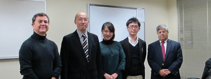Pictured are Dimitris Kraniou (far left) and Archish Maharaja with representatives from Hokkaido University of Education.