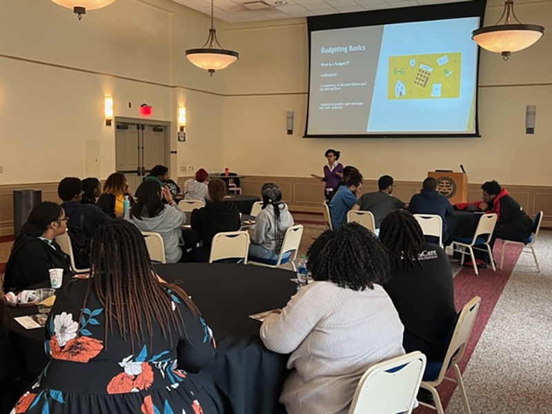Rowland School of Business recruiter and community outreach coordinator Brittney Arnett, CPA, presented a session on financial literacy for Aliquippa students. Submitted photo.