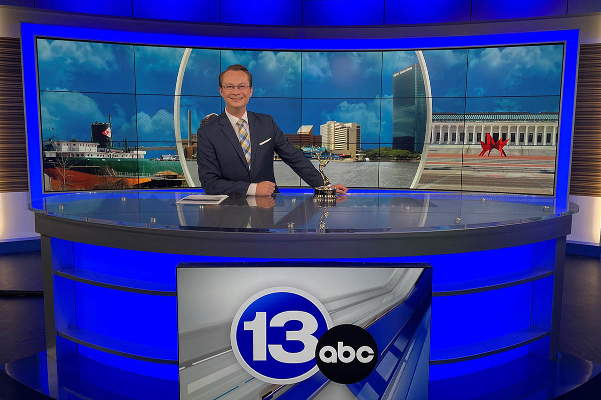 Pictured is Josh Croup on set at 13 Action News in Toledo, Ohio.