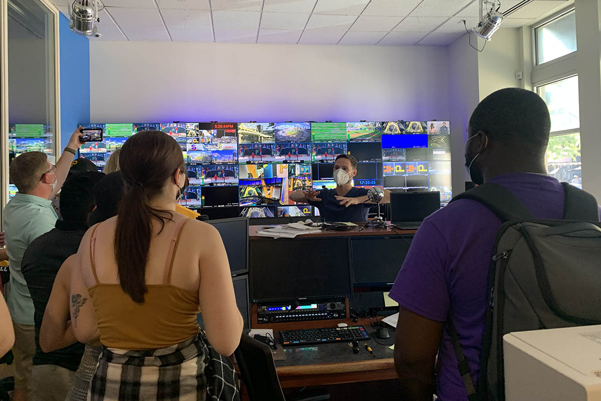 Point Park students get a behind-the-scenes tour of AT&T SportsNet broadcasting facilities. Photo | Bernie Ankney