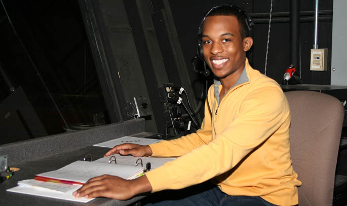 James Ogden II, a stage management student, in the Pittsburgh Playhouse. Photo by Joel Brewton