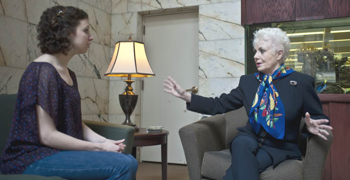 Shirley Jones talks with musical theatre major Kristen Sherman, who was the first recipient of a scholarship named in Jones' honor.