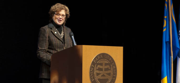 First Lady of Pennsylvania Susan Corbett delivered the keynote address at a Point Park University tribute to the centennial of the Girl Scouts of Western Pennsylvania at a campus celebration on Feb. 16.