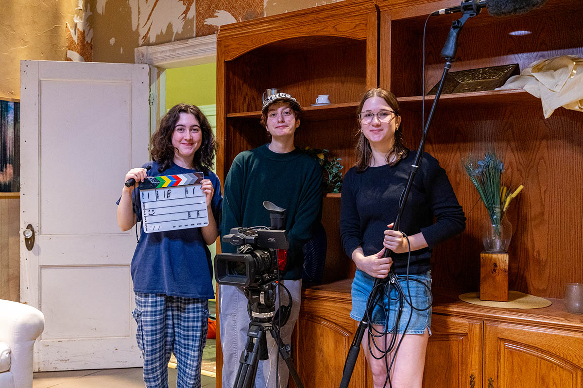 Students on a set during Film Intensive.