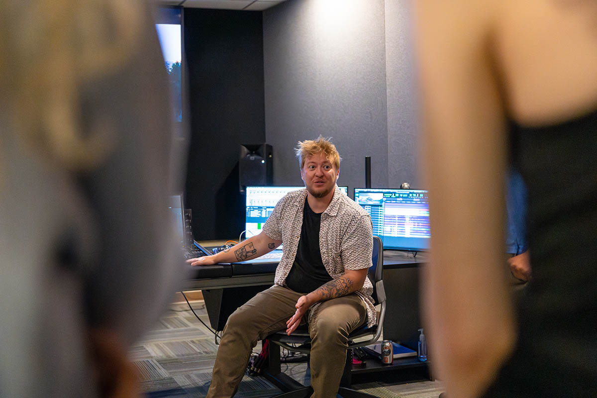 Sound Camp Instructor Chris Gonzalez teaches students in the Dolby Atmos Mix Room.