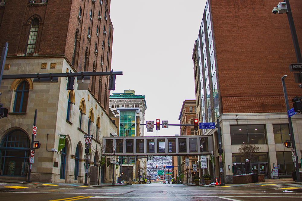 Pictured is the skywalk bridge on Point Park's campus in Downtown Pittsburgh. Photo by Megan Gloeckler.