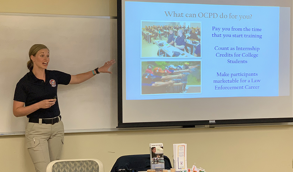 Pictured is an Ocean City Police Department officer presenting to criminal justice students. Photo by Gina Puppo