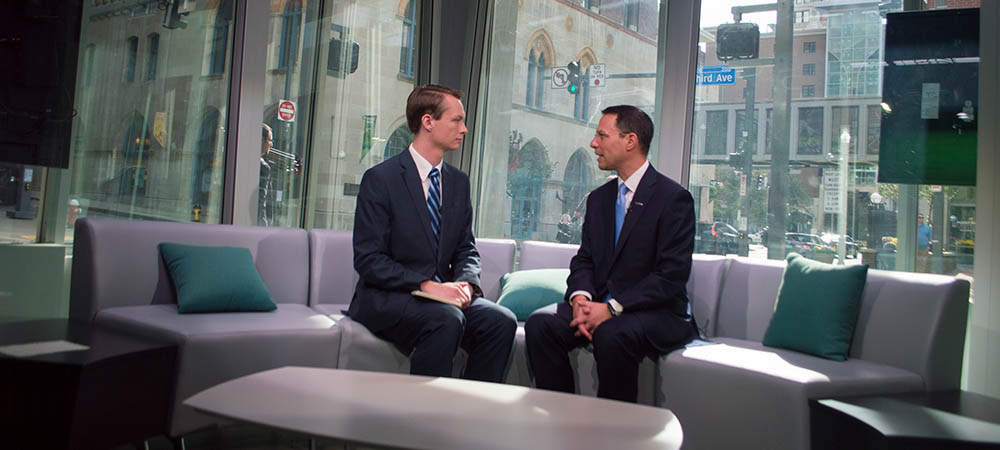 Student Josh Croup interviews State Attorney General Josh Shapiro in the Center for Media Innovation.