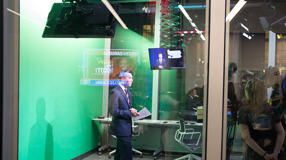Point Park University's Alex Grubbs reports during the 2016 Presidential Election. Photo | Shayna Mendez