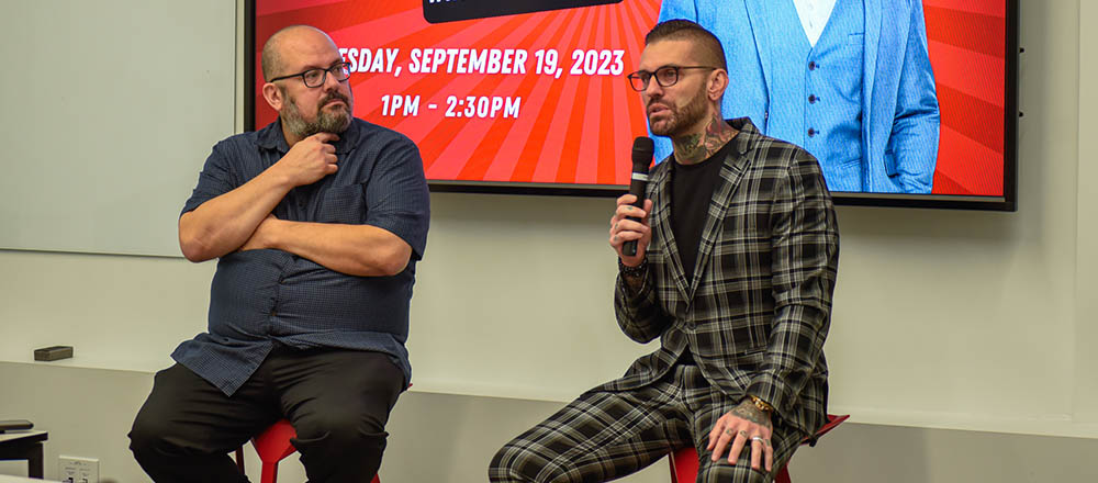 Pictured is Lou Corsaro, managing director of PR at Point Park, and WWE Commentator Corey Graves. Photo | Joey Bova