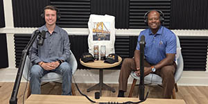 Pictured is Austin Cairns and WTAE-TV's Andrew Stockey recording a podcast.