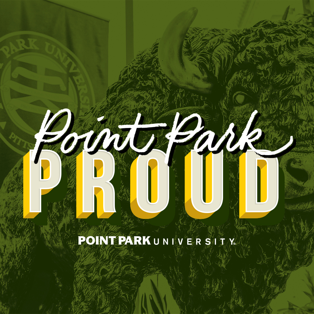 An image of the bison statue in front of a banner that displays the University seal