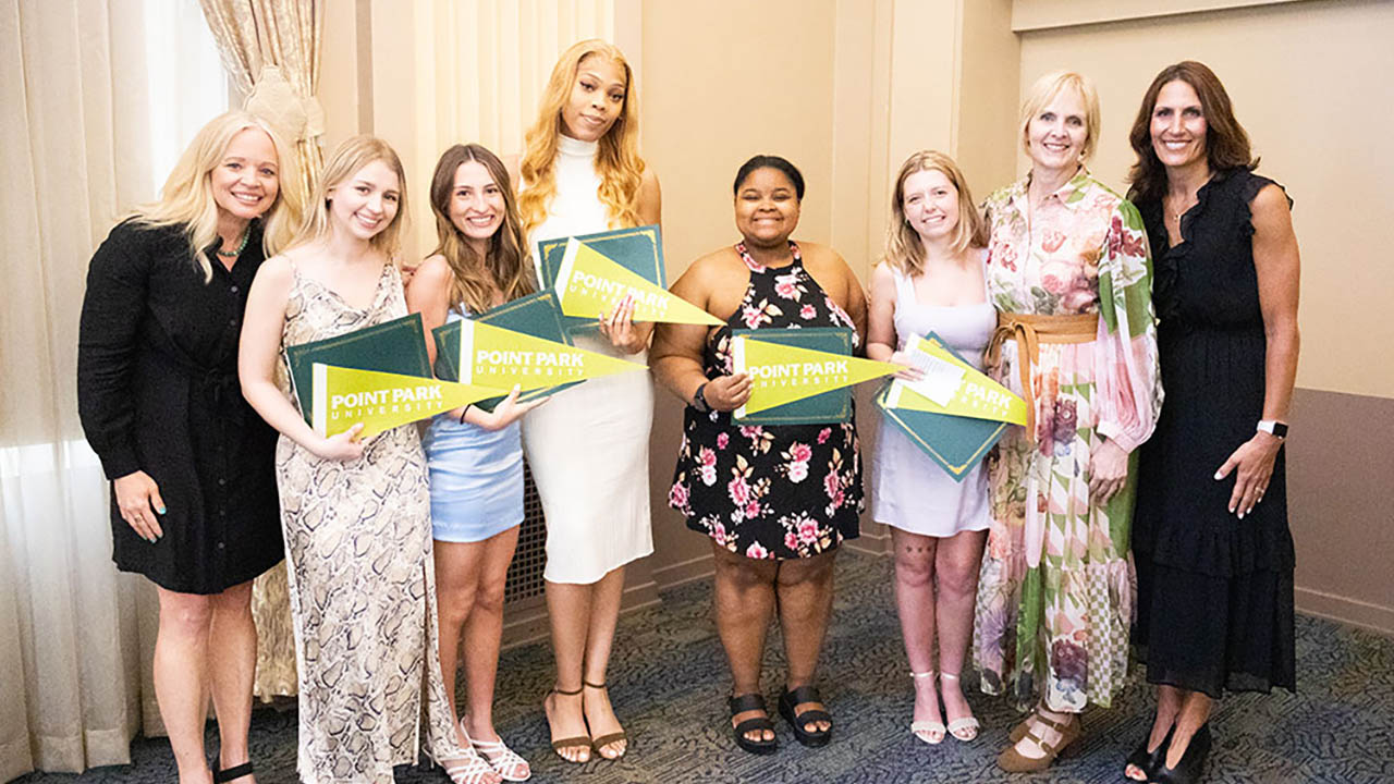 Graduating education majors with professors Dr. Ginny Chambers (left), Dr. Christal Edmunds (second from right) and Dr. Kamryn York (right). Photo by Chloe Humway '28.