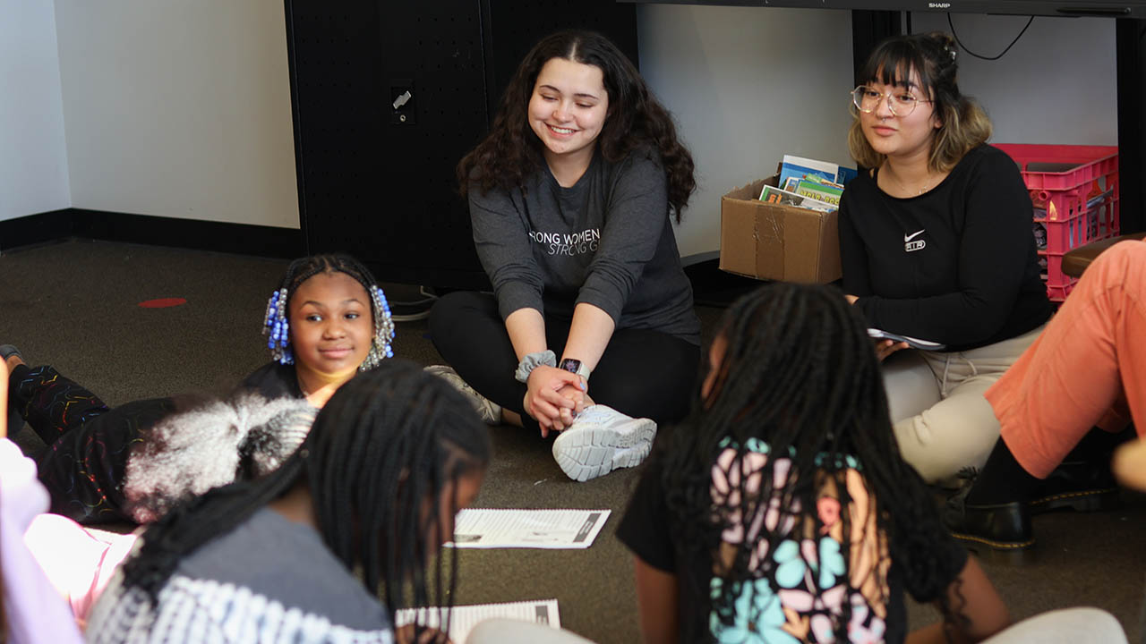 Point Park University women mentor girls in grades 3-5 in weekly sessions with activities and lessons on significant female leaders. Photos by Natalie Caine '25