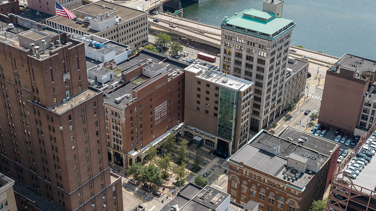 An aerial view of campus. 