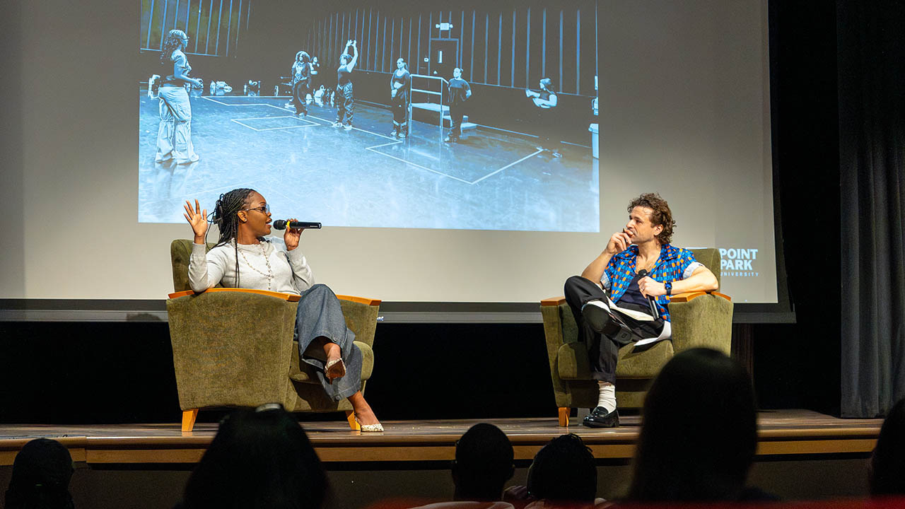 Charm La’Donna on stage in the University Center at Point Park. 
