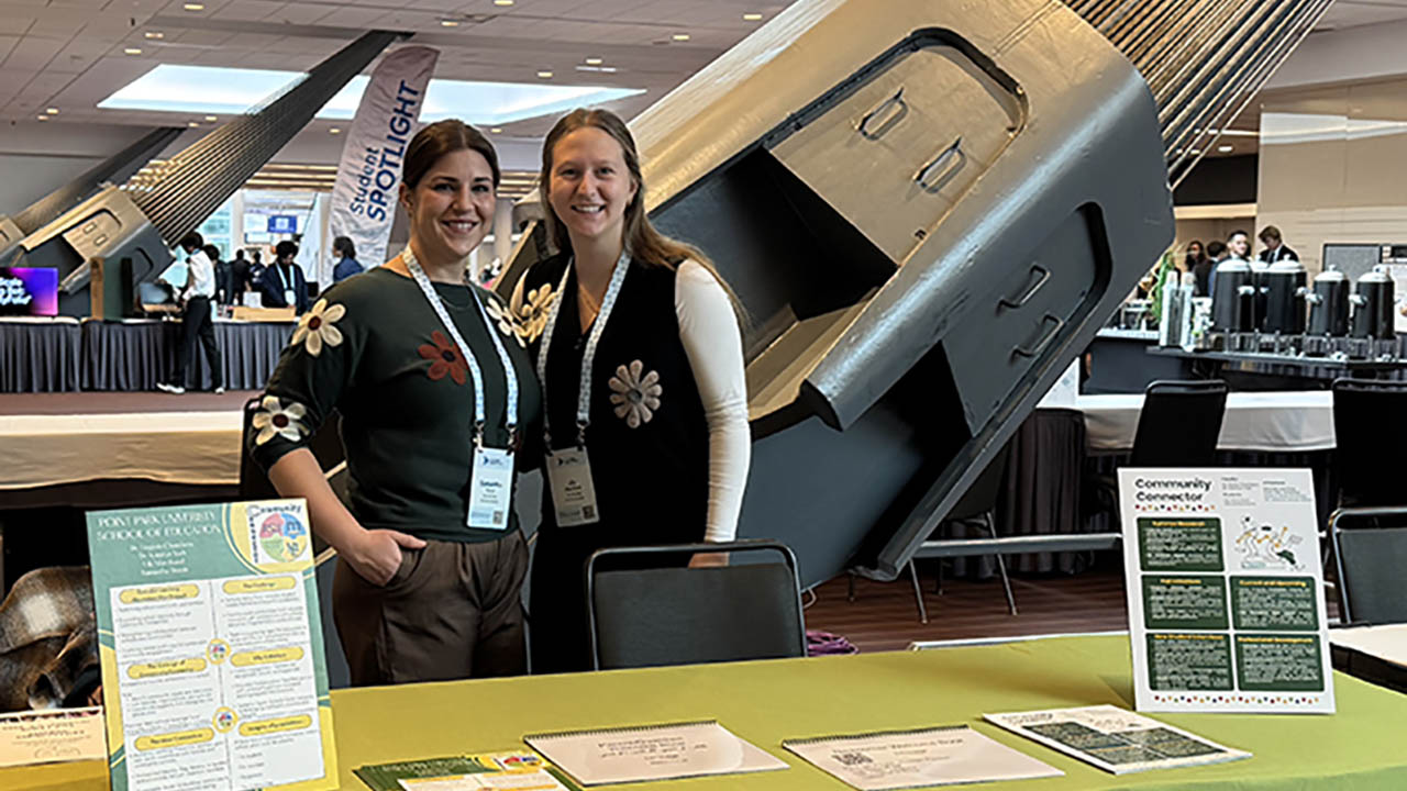 Samantha Stanis and Lily Marchand demonstrated technology-based strategies for English Language Learners at The Global Impact Forum. Submitted photo.