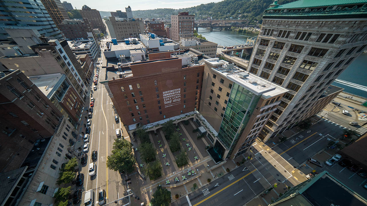 A drone image of Village Park on Point Park University's campus. Photo | Perspectrum Studios.