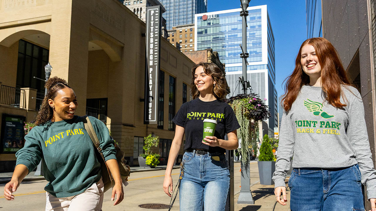 Point Park students walk down the street near the University's Pittsburgh Playhouse. Photo | Paul Koontz