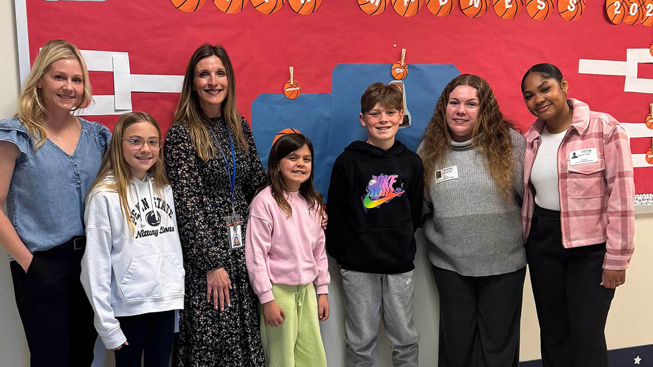 Pictured, from left to right, is Kelly Pascarella, assistant professor, and Nikki Bilodeau, instructional support teacher, pose with students from Jefferson Elementary School and Point Park education majors Elizabeth Neel and Kianna Fisher.