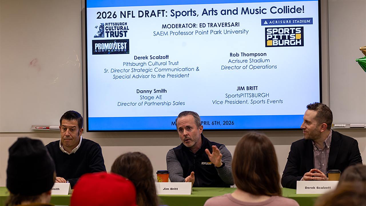 Danny Smith, from Stage AE, Jim Britt, from SportsPITTSBURGH, and Derek Scalzott, from the Pittsburgh Cultural Trust.