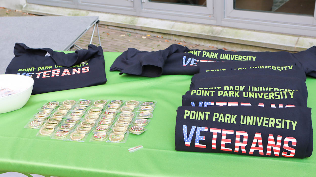 A photo of Point Park University t-shirts for Veterans Day. 