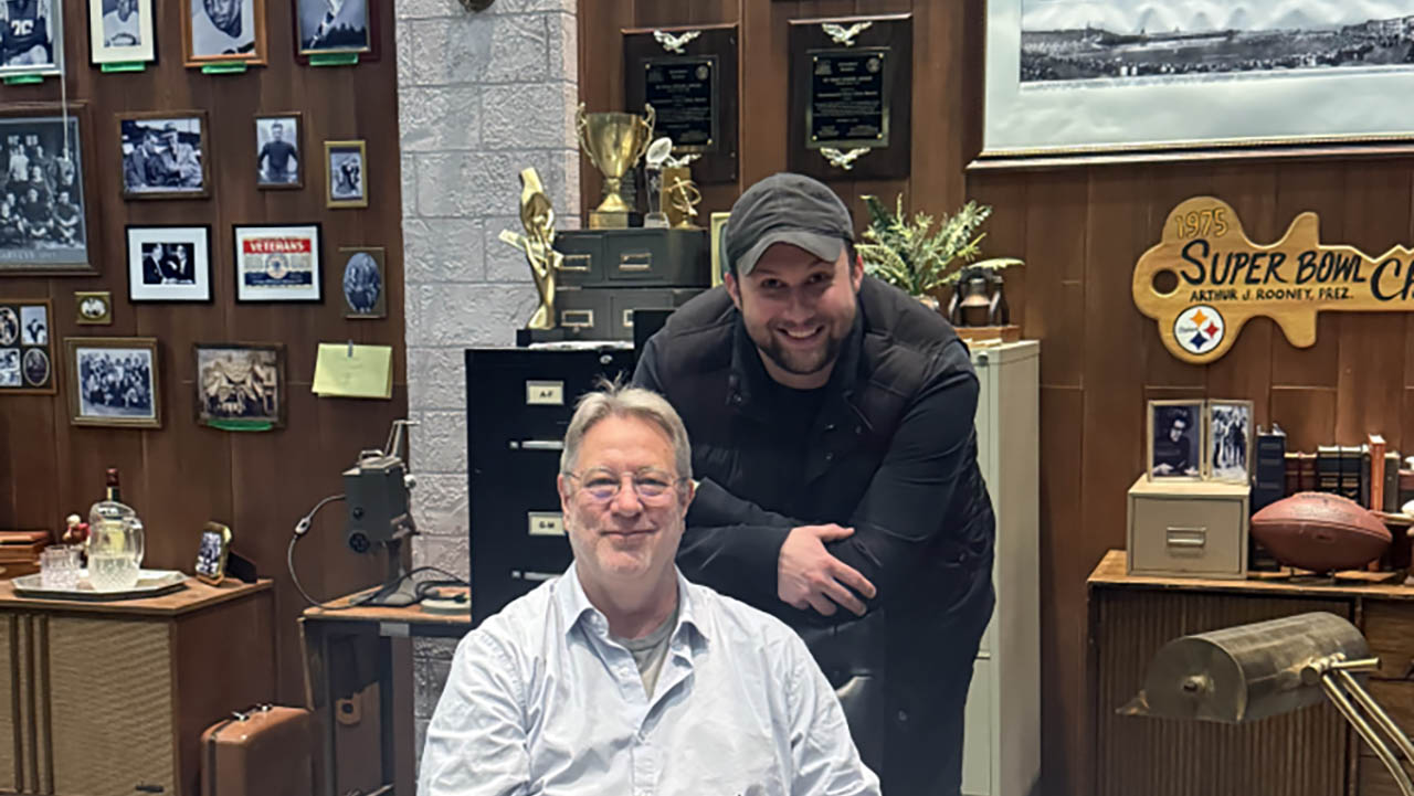 (L-R) Professor Philip Winters and alumnus Justin Fortunato on set of The Chief at the Pittsburgh Playhouse.