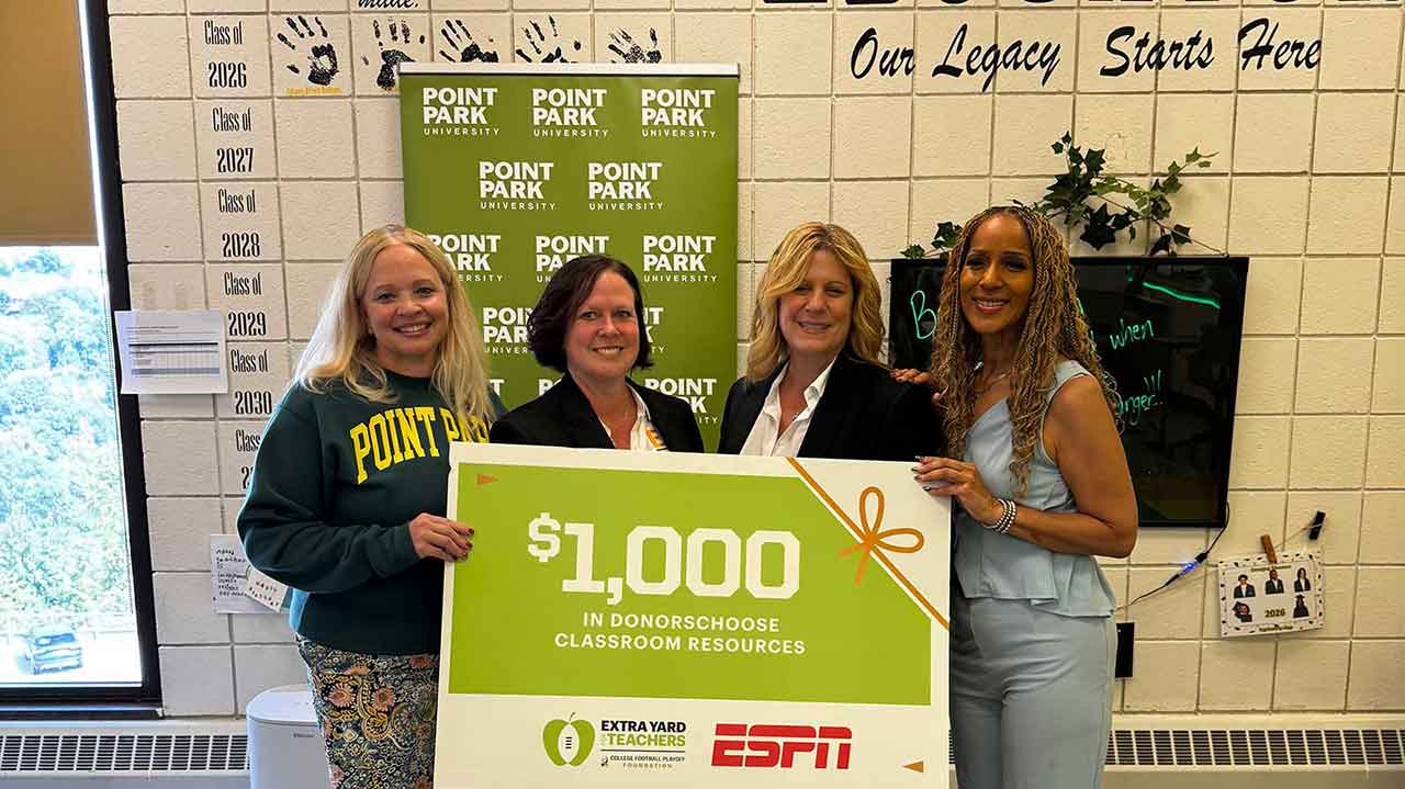 Virginia Chambers, Ed.D., dean of the School of Education, along with Christina Wolski, Maria Fabyonic and Angela Mike, staff members in the Career-Technical Education and Emerging Educators program at Pittsburgh Brashear High School.