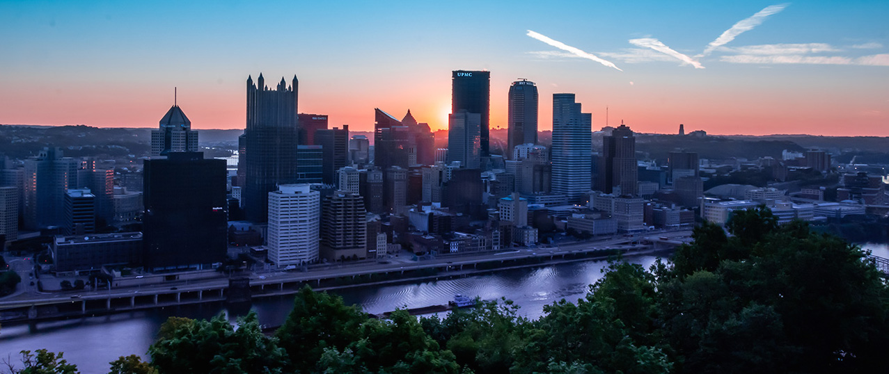 The Pittsburgh skyline at sunset as seen from Mt. Washington