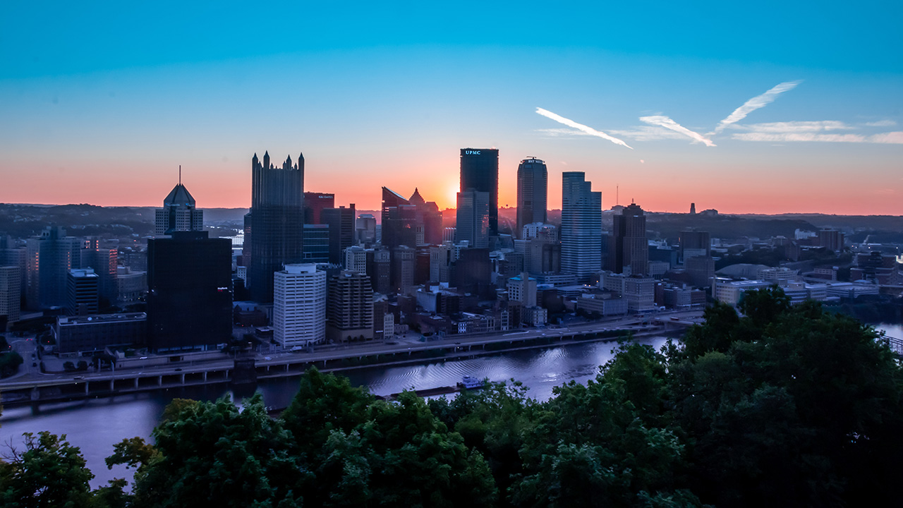 The Pittsburgh skyline at sunset. 