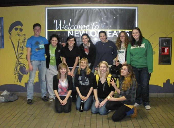 The Point Park students pose for a group shot after arriving in New Orleans. Front row: Kelly Cline, Chelsea Carroll, Audrey Prisk and Rebekah Laslow. Back row: Jake Dannels, Liz Velez, April Weber, Meghan Higgins, Chelsey Engel and Karen Bullock.