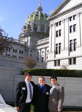 Point Park students Michael Potoczny, Jonthan Morgan and Anthony Costulas outside the state Capitol in Harrisburg.