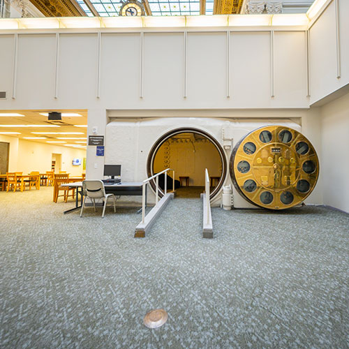 A photo of a bank vault in the library.