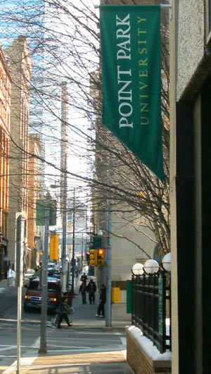 The view down Third Avenue outside Academic Hall on the Point Park University campus.