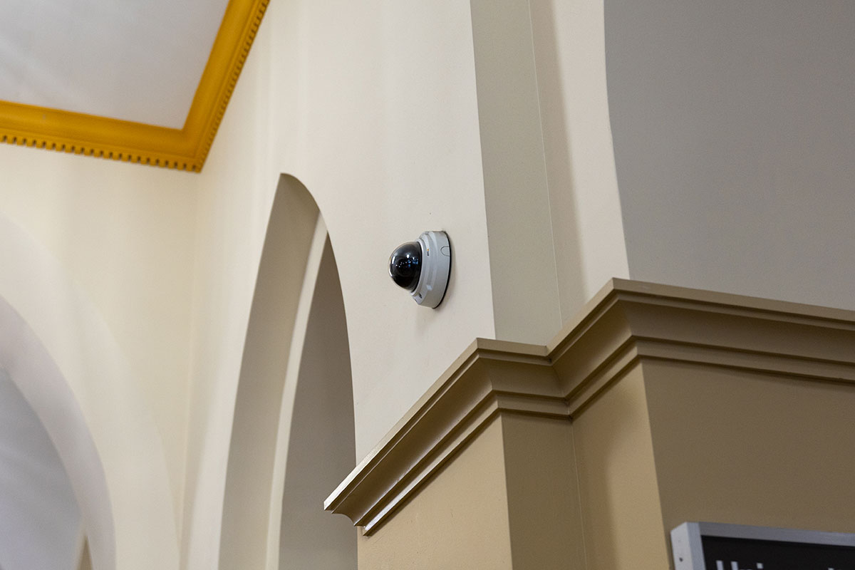 A security camera inside Lawrence Hall lobby.