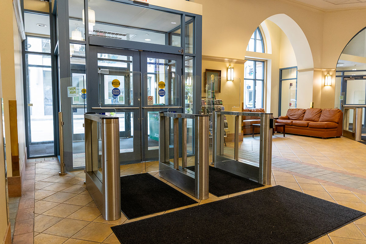 Turnstiles inside of Lawrence Hall.