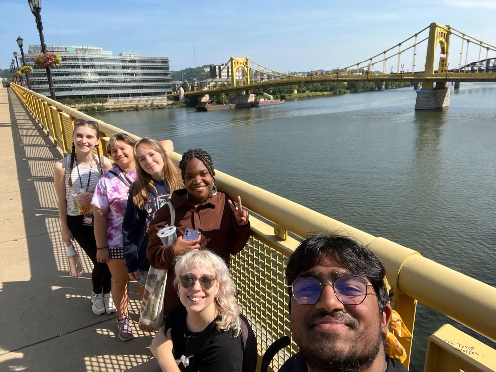 Pictured are Honors Program students posing for a photo as they explore Downtown Pittsburgh.